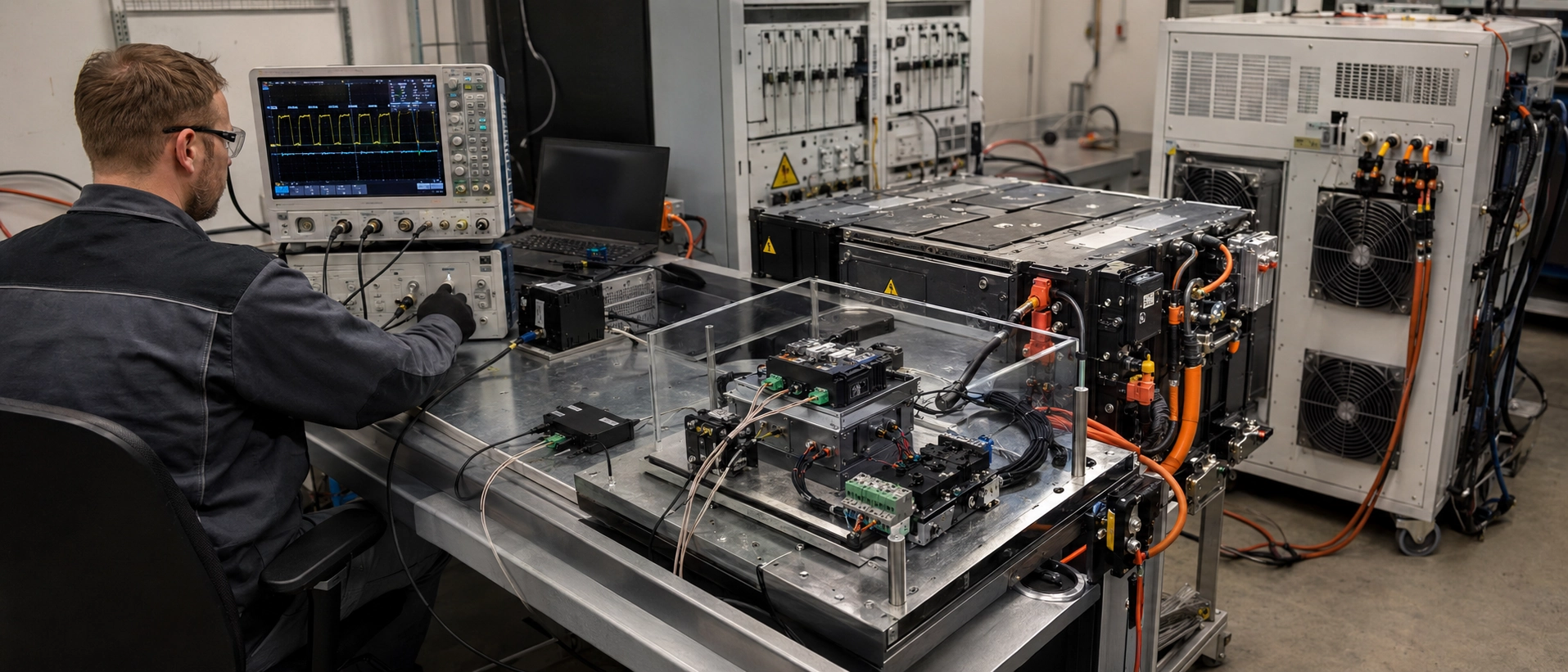 BMS communication testing rig analyzing CANbus and RS485 data signal integrity under heavy industrial load conditions BMS communication testing rig analyzing CANbus and RS485 data signal integrity under heavy industrial load conditions